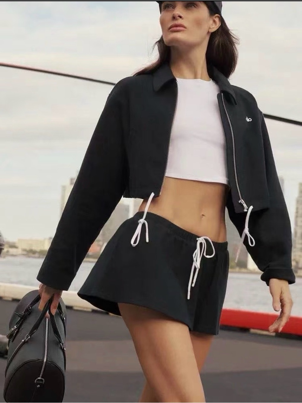 ALO Yoga Black Skirt Set with White Tank and Drawstrings